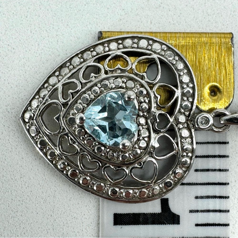 10K WG/925 Filigree Blue Topaz Heart Pendant Necklace - Picture 11 of 16